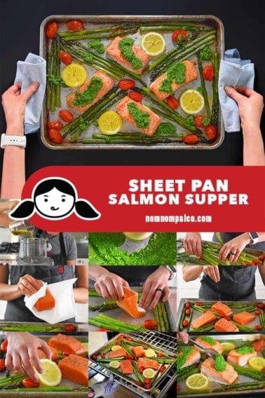 A collage of the cooking steps for Sheet Pan Salmon Supper