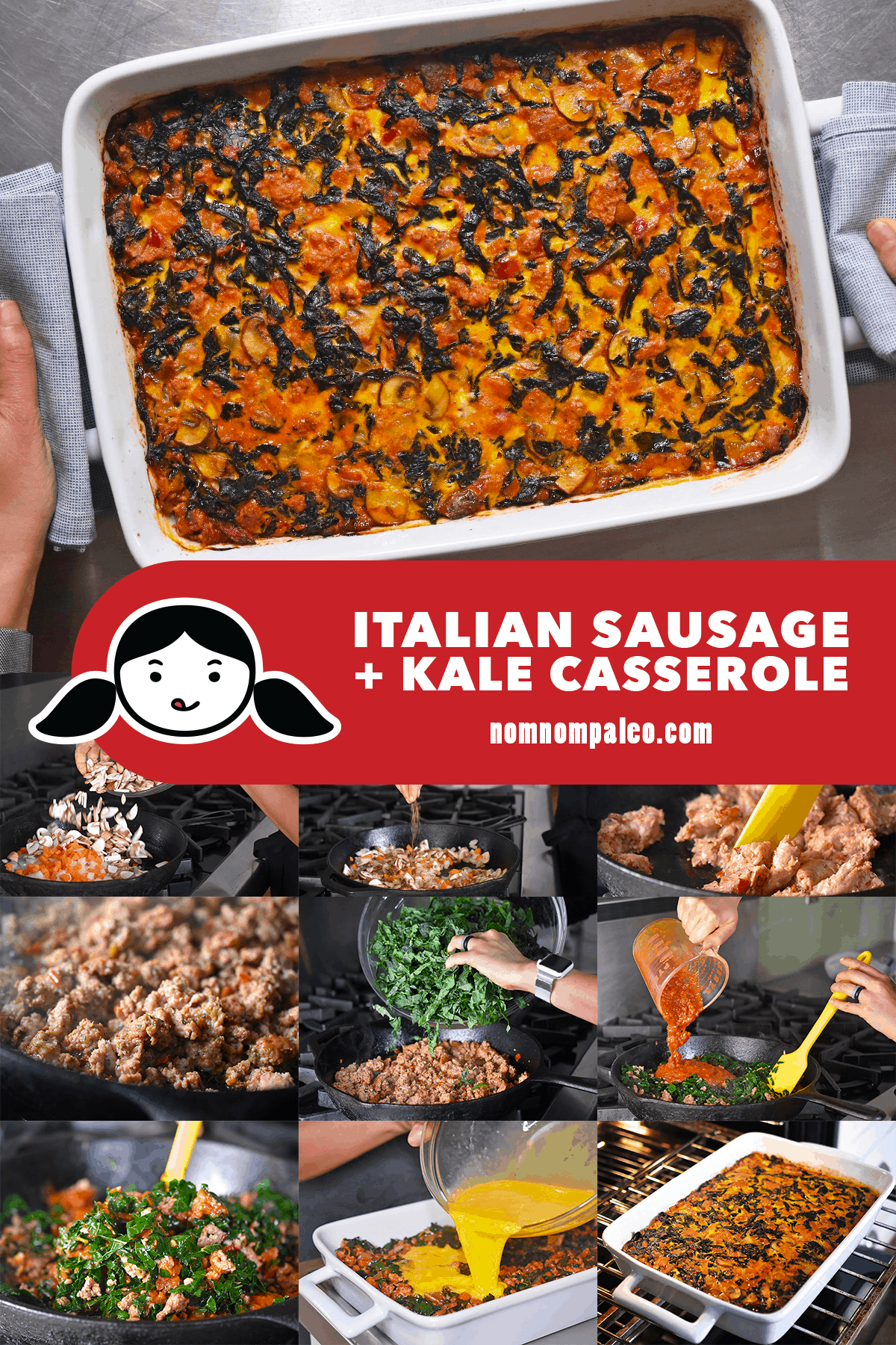 A collage of the cooking steps to make Italian Sausage and Kale Casserole