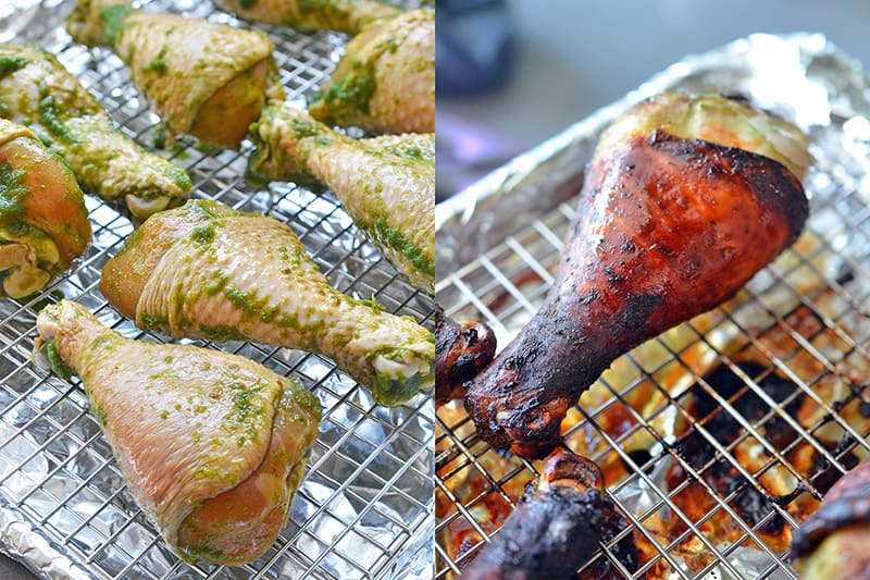 A side-by-side shot that shows My Sister’s Green Chicken uncooked on the left and roasted on the right.