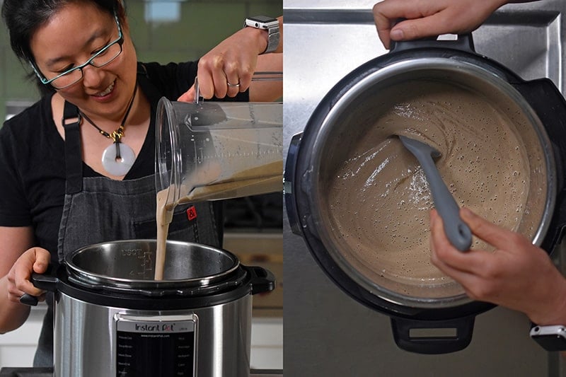Stirring together the two halves of the Instant Pot Cream of Mushroom Soup into the Instant Pot.