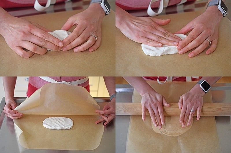 A four step shot of how to flatten the paleo scallion pancake dough between parchment paper and a rolling pin.