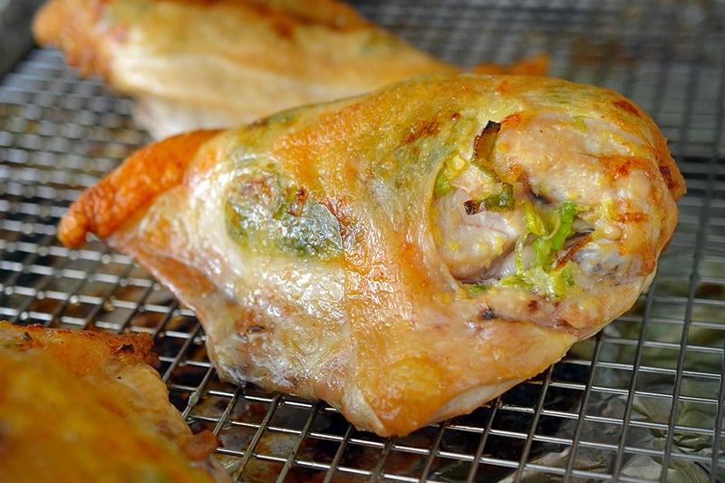 A closeup shot of Ginger-Scallion Chicken right out of the oven.