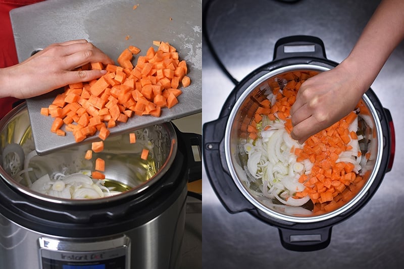 Chopped carrots and onions are added to an open Instant Pot.