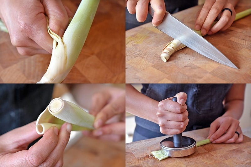 A four-part picture that shows how to trim and smash a piece of lemongrass for keto Tom Kha Gai