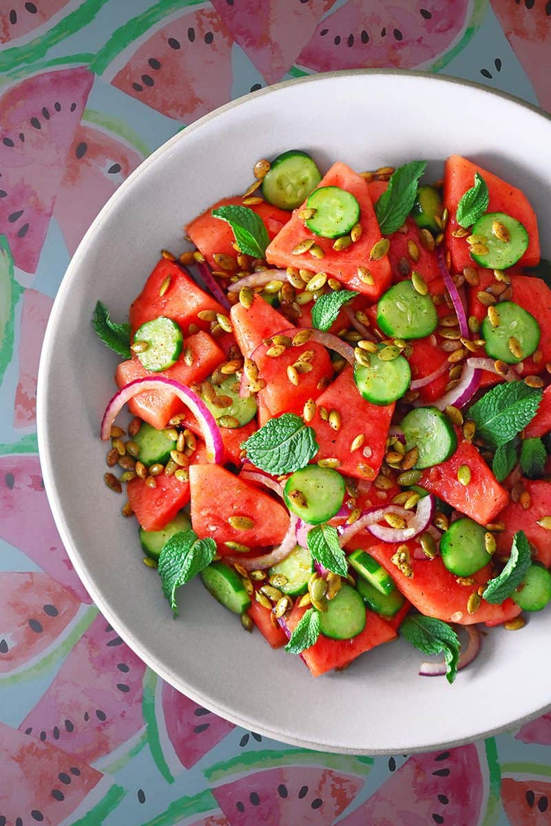 Overhead shot of a bowl of paleo Mexican watermelon and tomato salad.
