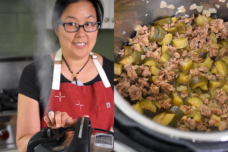 The pressure is manually released on the Instant Pot and the cooked Instant Pot Zucchini Bolognese is shown on the right.