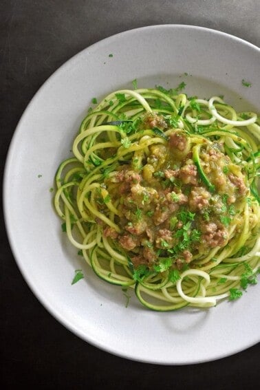An overhead shot of a bowl of Instant Pot Zucchini Bolognese, a simple Whole30 and Paleo make-ahead dinner.