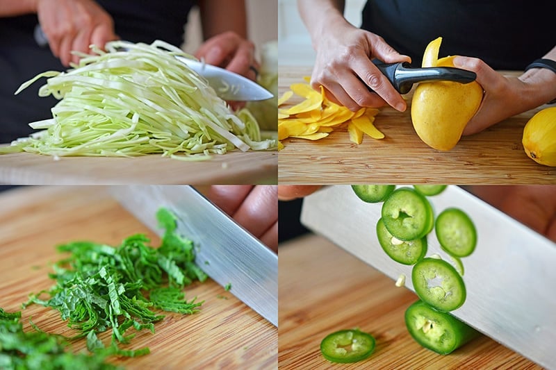 A collage of steps of someone preparing the ingredients for the paleo spicy mango cabbage slaw.