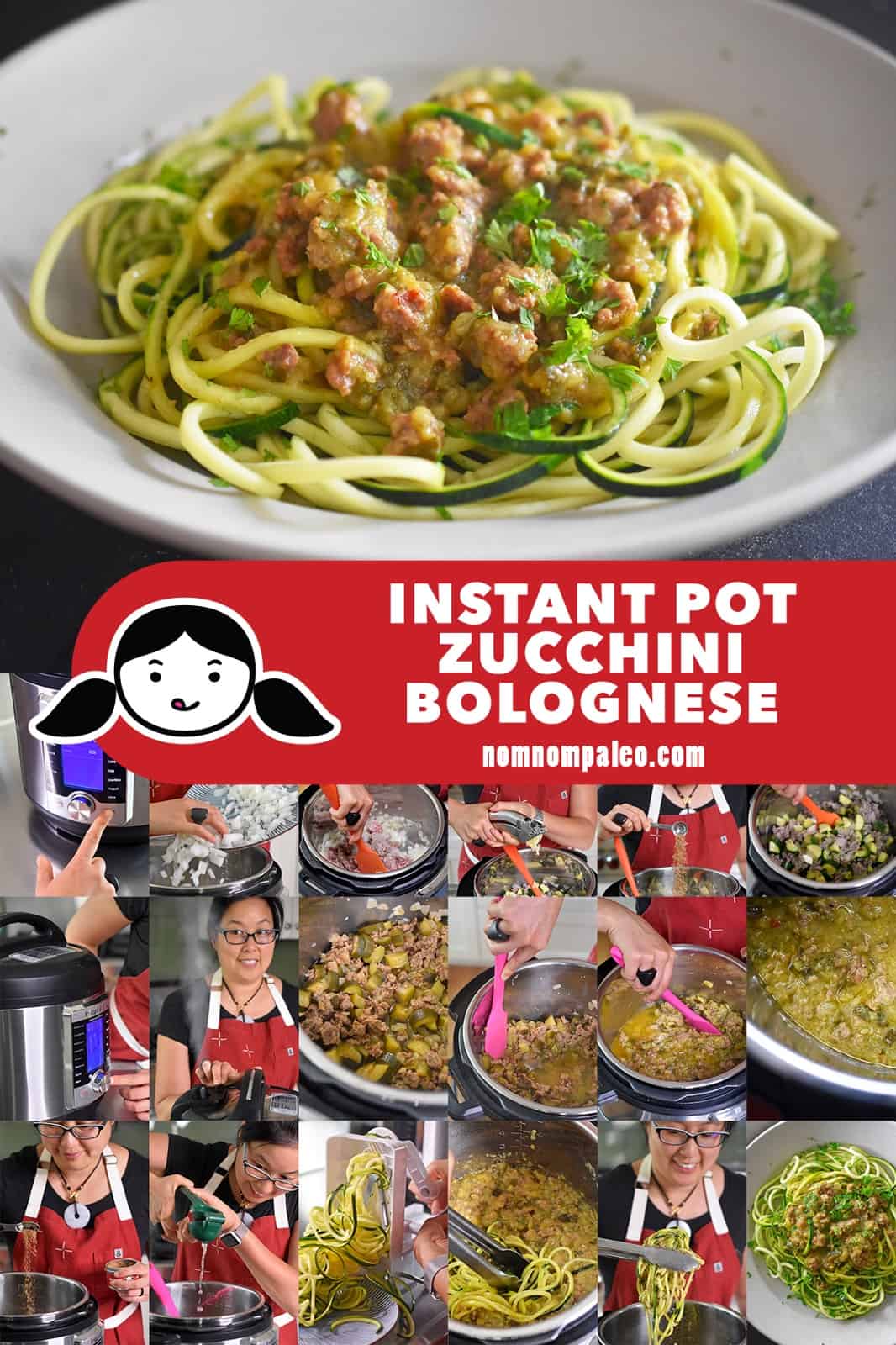 A collage of the steps to make Whole30-friendly Instant Pot Zucchini Bolognese 