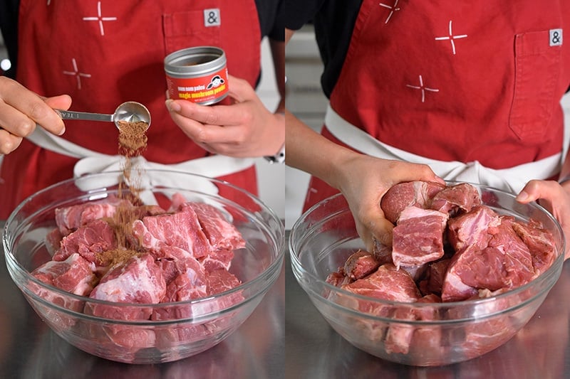 Seasoning Instant Pot Magic Pork with Magic Mushroom Powder. 