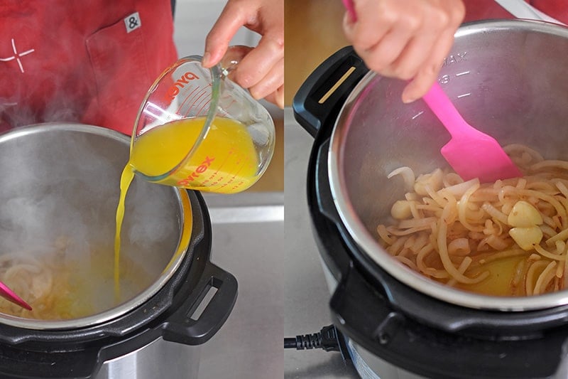 Pouring orange juice into an Instant Pot and stirring it around with a pink silicone spatula