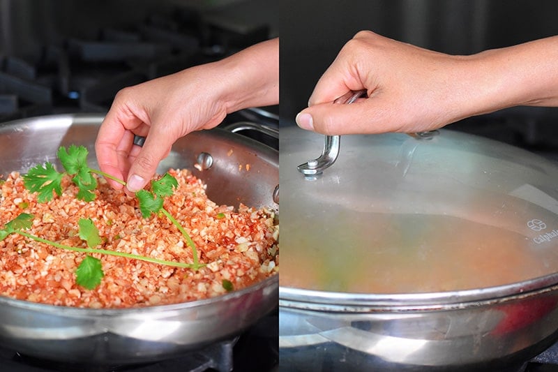 Adding a sprig of cilantro before putting the lid on the low carb Mexican Cauliflower rice