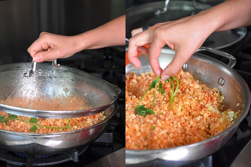 When the low calorie Mexican Cauliflower Rice is finished cooking, remove the lid and remove the cilantro