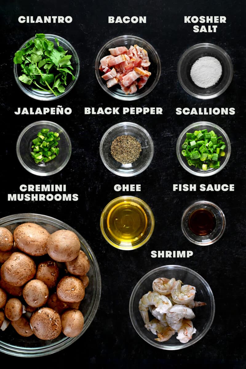 An overhead shot of the raw ingredients to make paleo and keto shrimp stuffed mushrooms.