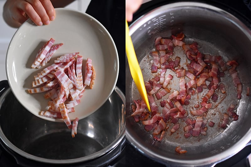 Thinly sliced bacon is cooked on the sauté function in the Instant Pot.