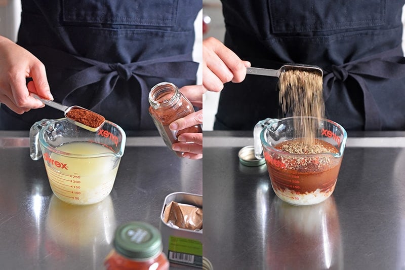 Cowboy Chili spices are added to chicken broth in a glass liquid measuring cup.