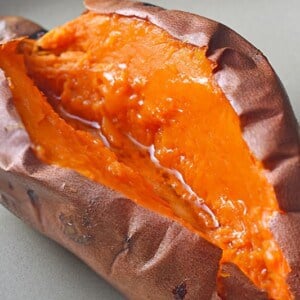 An overhead shot of a perfectly cooked baked sweet potato