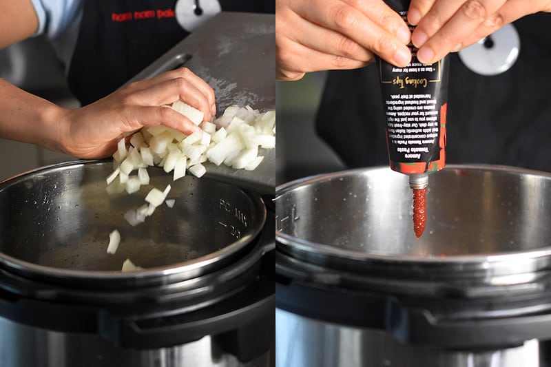 Diced onions and tomato paste are added to an Instant Pot.