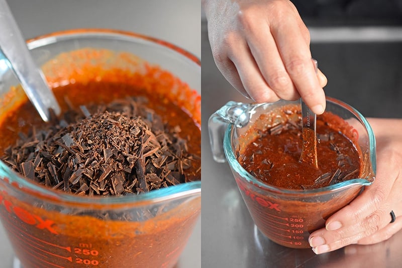 Shaved unsweetened chocolate is stirred into the Cowboy Chili/broth mixture.