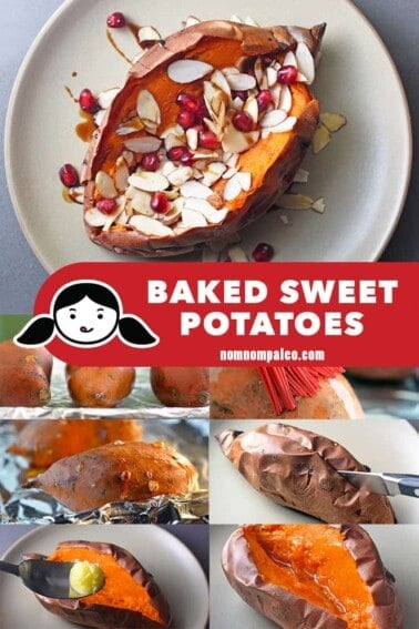 Overhead shot of a baked sweet potato topped with toasted almonds and pomegranate arils.