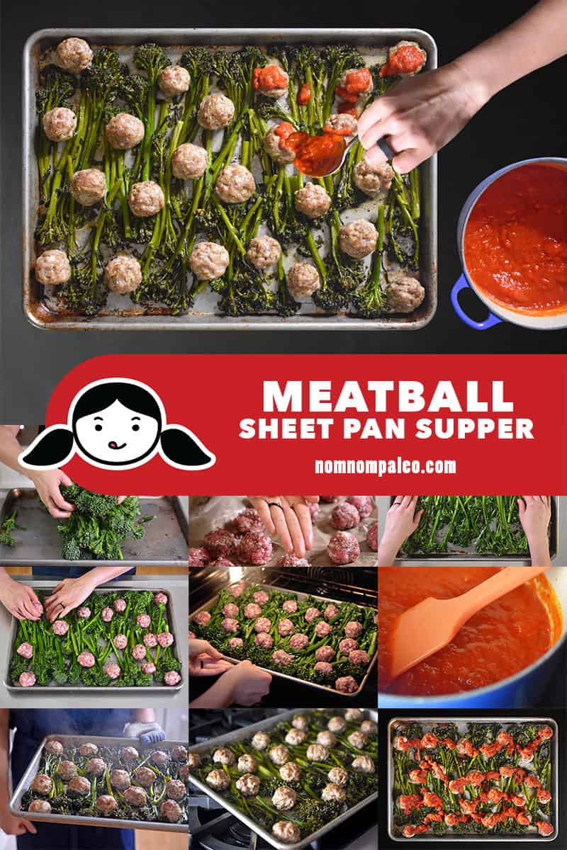 A collage of the steps to make Meatball and Broccolini Sheet Pan Supper.
