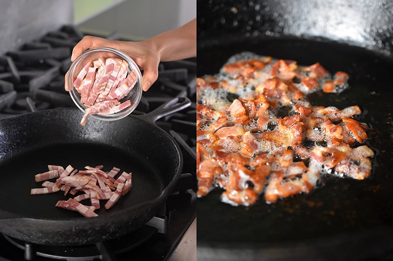 Cooking bacon bits in a cast iron skillet.