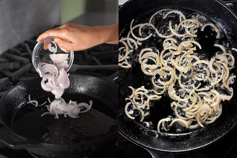 Thinly sliced shallots are frying in a large cast iron skillet.