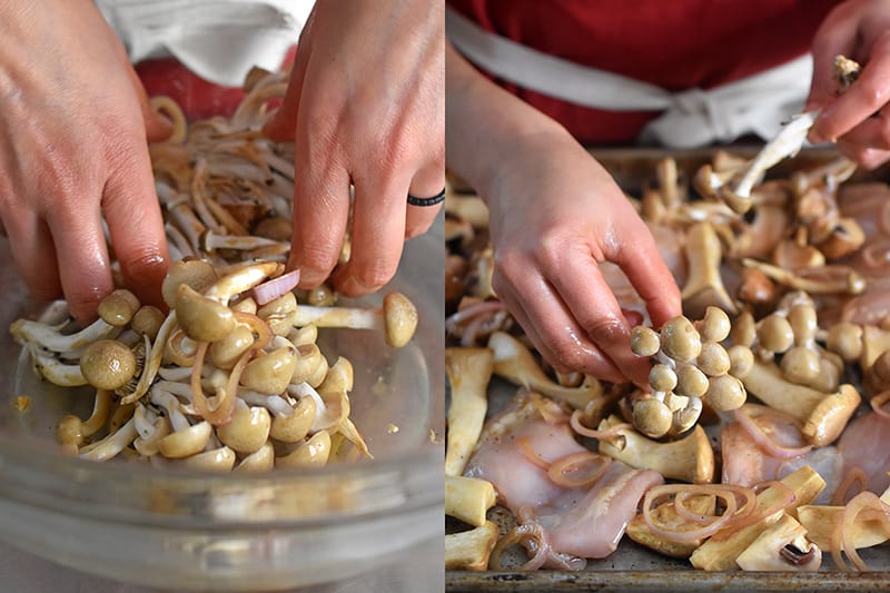 Carefully toss in delicate mushrooms into the marinade so you don't break them apart.