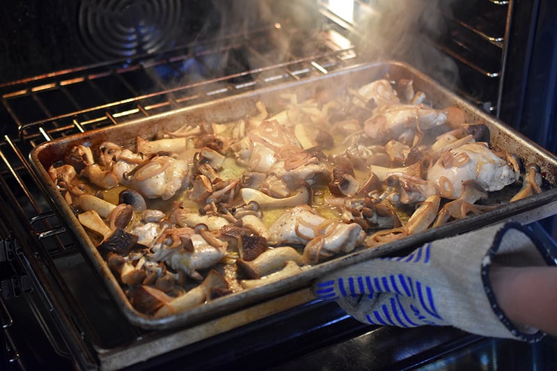 A steaming pan of chicken and mushrooms is being rotated at the halfway point.
