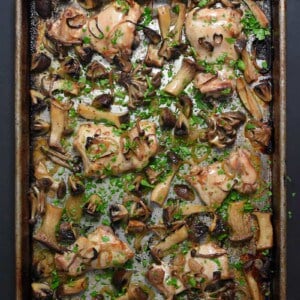 An overhead shot of Sheet Pan Chicken and Mushrooms