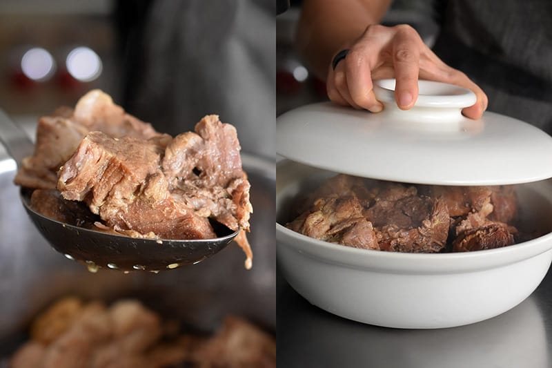 The picture not the left is a closeup of a spoon lifting out a piece of pork. On the right, the pork stew is placed in a covered serving bowl.