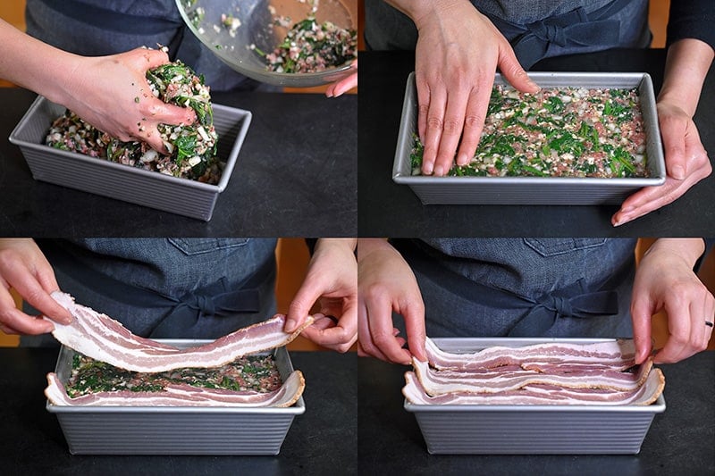 Transferring the meatloaf mixture to the greased loaf pan and putting three strips of bacon on top.