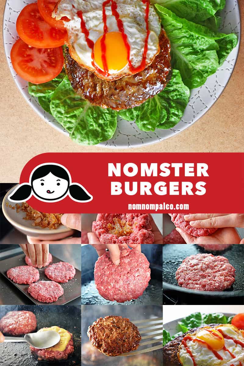 A collage of the cooking steps for Nomster Burgers.