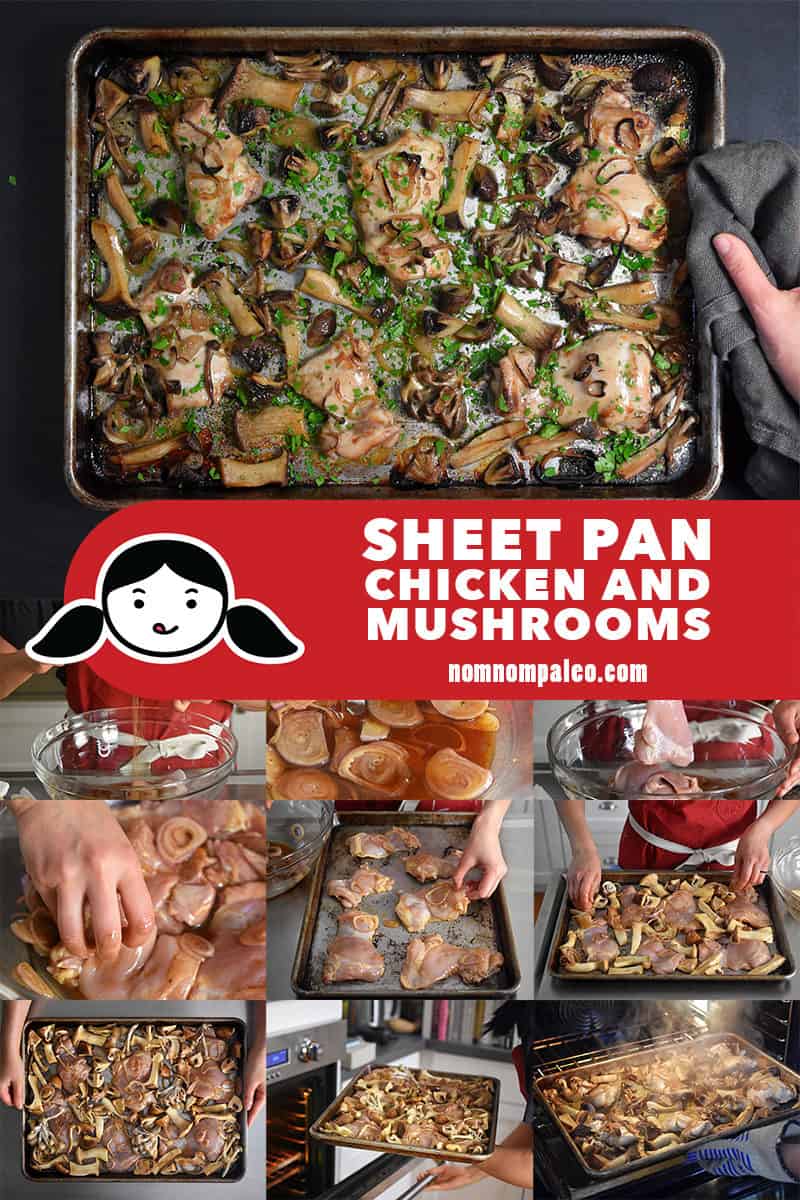 A collage of the cooking steps to make Sheet Pan Chicken and Mushrooms.
