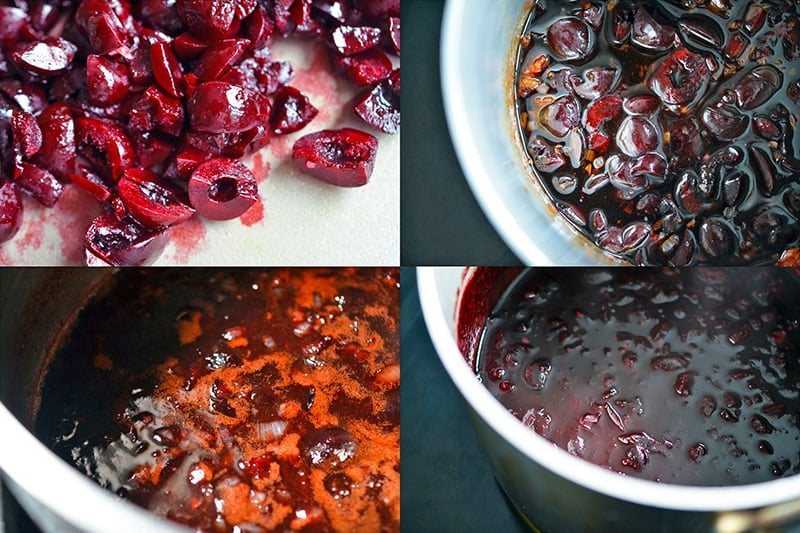 Stirring in the pitted cherries into the Whole30-friendly BBQ sauce.