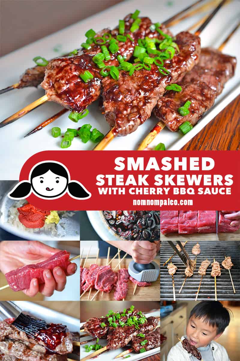 A collage of the cooking steps to make Whole30 Smashed Steak Skewers with Cherry BBQ Sauce