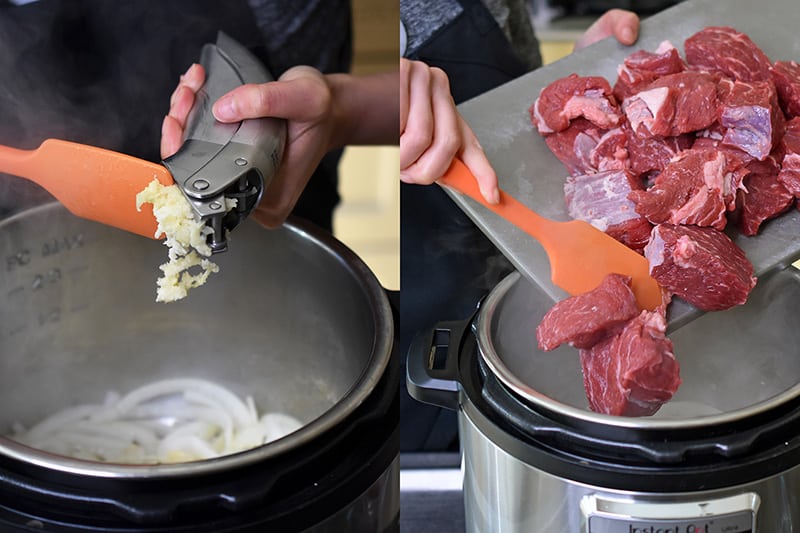On the left, someone is adding minced garlic to an Instant Pot. On the right, cubed beef is being added to the Instant Pot.