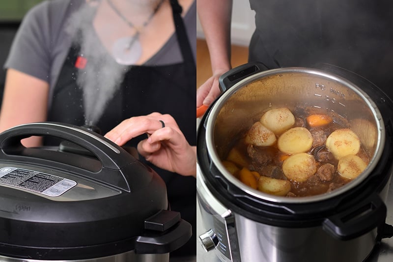 On the left, someone is manually releasing pressure from an Instant Pot. On the right, an open Instant Pot contains Instant Pot Chinese Beef Stew with cooked daikon and carrots.
