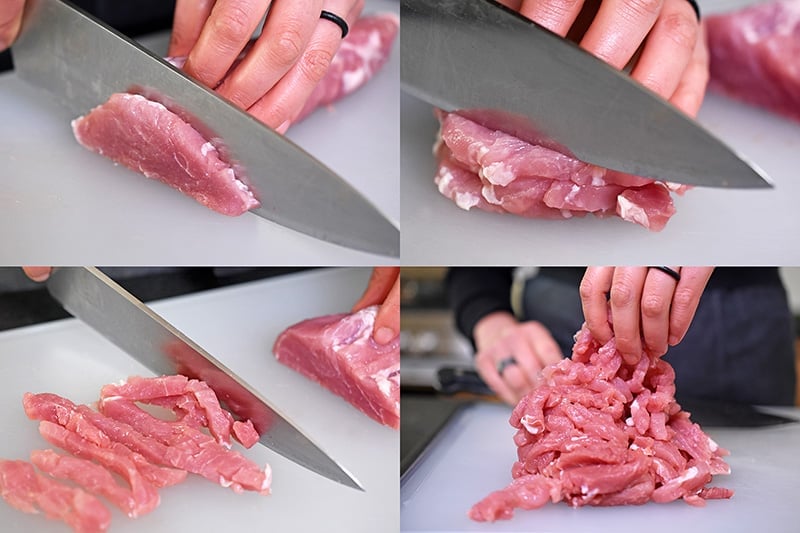 Step-by-step photos showing how to slice a partially frozen pork tenderloin into matchsticks.