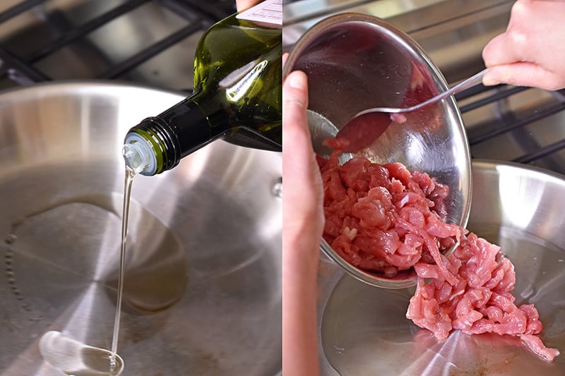 Pouring avocado oil to a hot skillet before adding the marinated sliced pork.