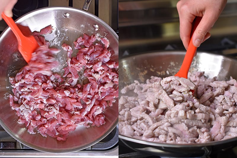 Cooking the pork strips in a large skillet until they are no longer pink.
