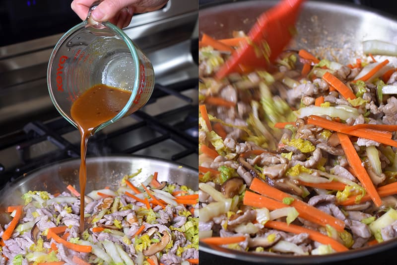 Pouring the All-Purpose Stir-Fry Sauce into the skillet with the pork and vegetables.