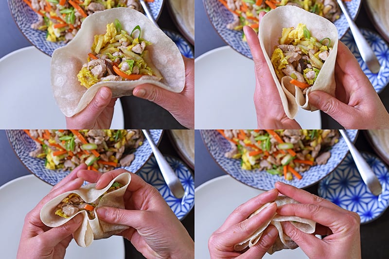 Step-by-step pictures on how to wrap paleo moo shu pork in a grain-free tortilla