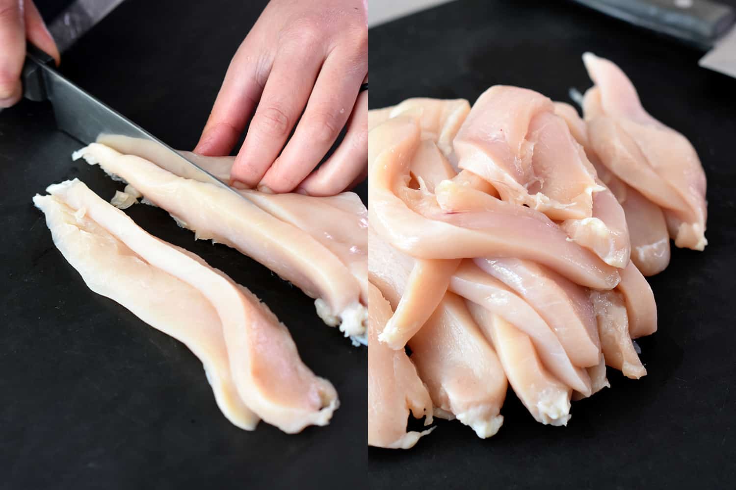 Slicing raw chicken breast into 1/2-inch strips.