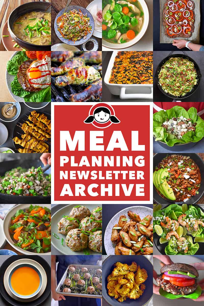 A collage of recipes that are in Nom Nom Paleo's Meal Planning Newsletter Archive, including Paleo Meal Plans and Whole30 Meal Plans