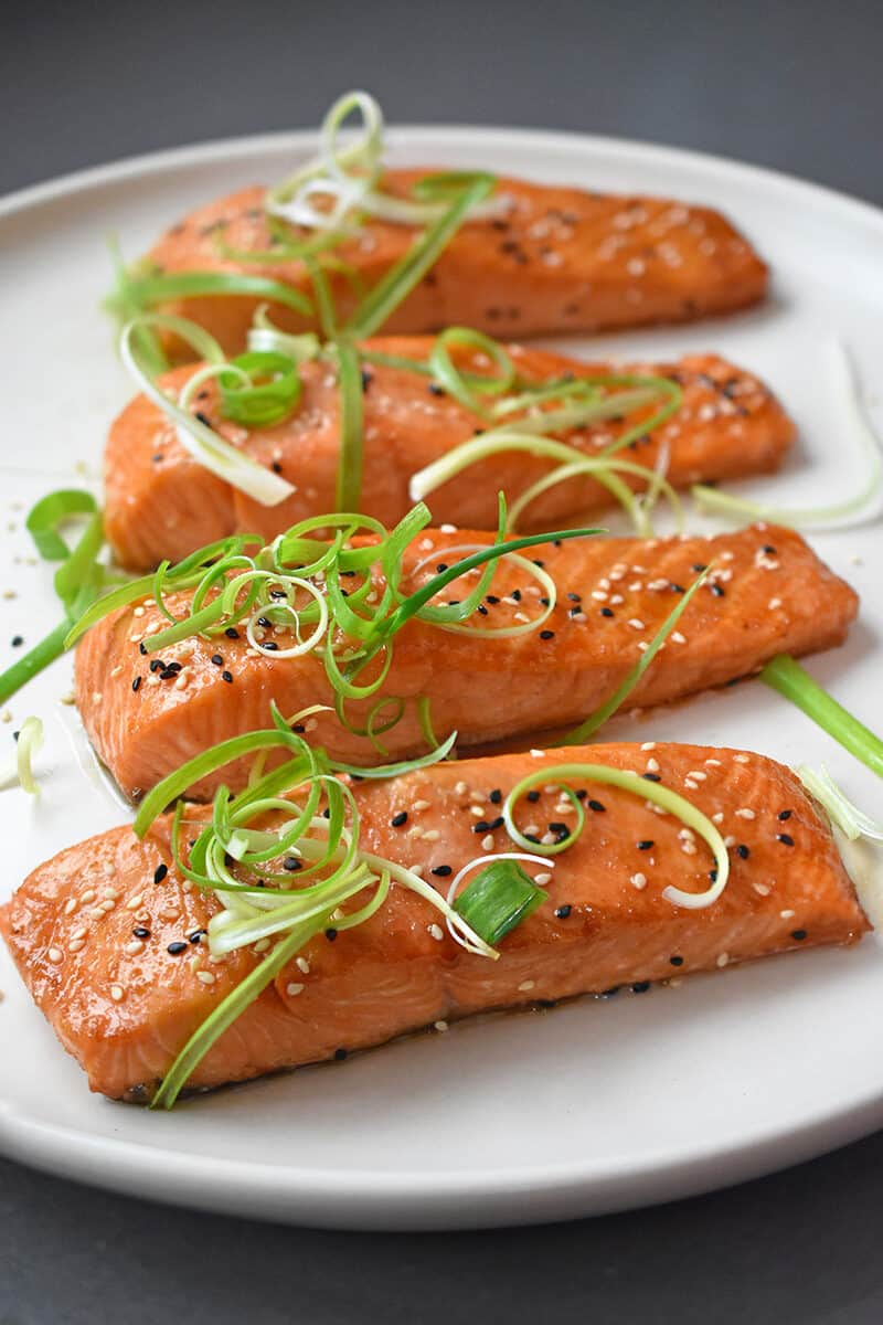 A platter of Easy Teriyaki Salmon, a simple Whole30, paleo, gluten-free weeknight dinner!