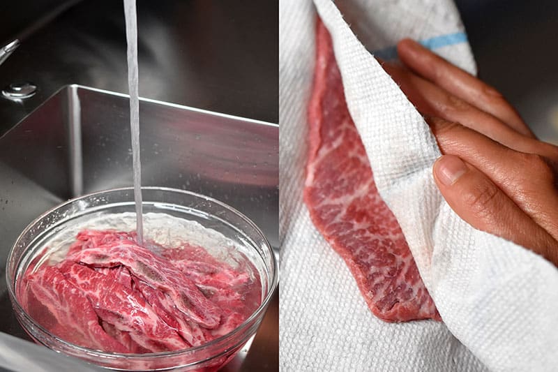 A bowl is filled with raw LA kalbi (flanken-style beef short ribs) and water is pouring into the bowl. In the next picture, someone is patting the ribs dry with a paper towel.
