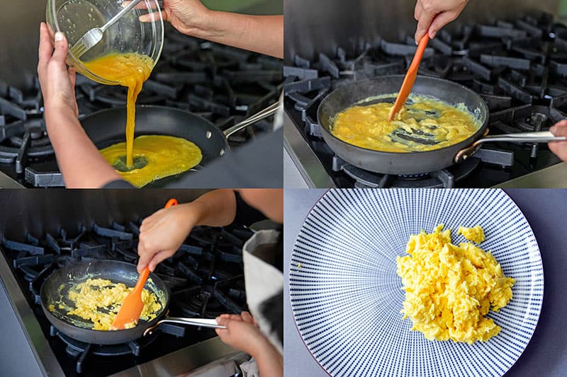 The cooking steps for making perfect scrambled eggs for Cauliflower Chicken Fried Rice.