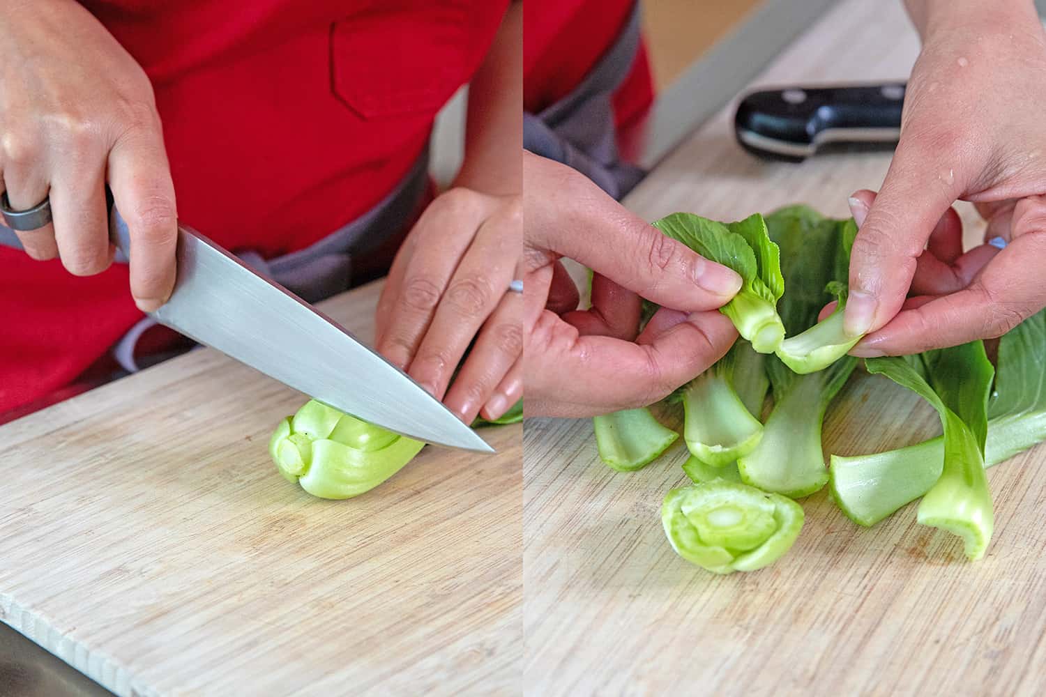 Slicing baby bok choy for healthy Instant Pot Vegetable Soup