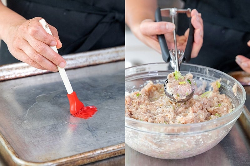 Brushing avocado oil onto a rimmed baking sheet before scooping the tsukune meatballs onto it.